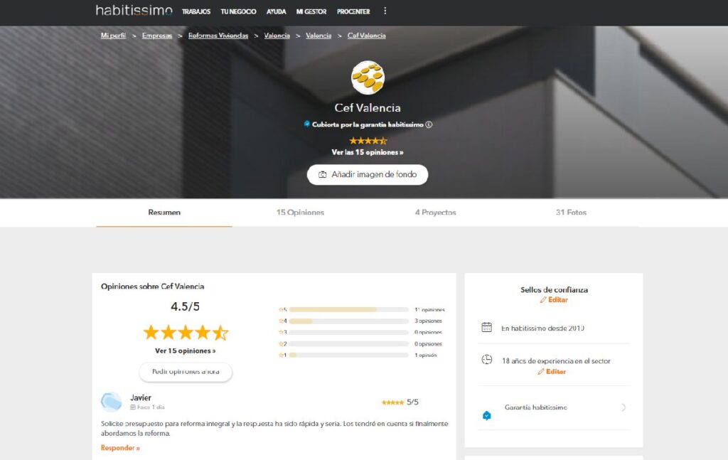 Ficha de CEF Valencia en Habitissimo con opiniones para contratar trabajos de construcción y reformas en Valencia