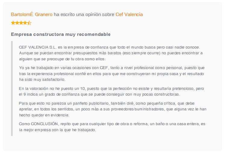 Opinión de cliente de CEF Valencia sobre construcción de una casa en la provincia de Valencia